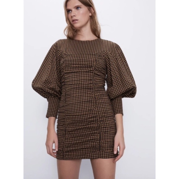 Zara Bloggers Fave Check Draped Balloon Sleeve Mini Dress M - Picture 2 of 9